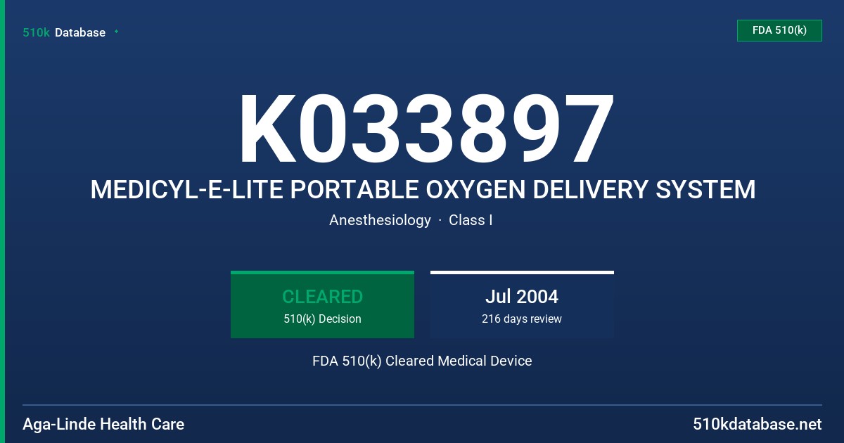K033897 MEDICYL-E-LITE PORTABLE OXYGEN DELIVERY SYSTEM FDA 510(k) Cleared Medical Device