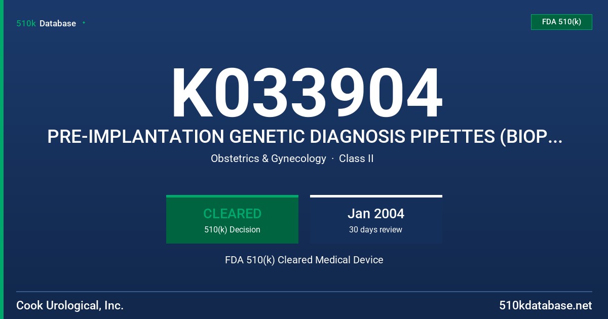 K033904 PRE-IMPLANTATION GENETIC DIAGNOSIS PIPETTES (BIOPSY PIPETTES) FDA 510(k) Cleared Medical Device