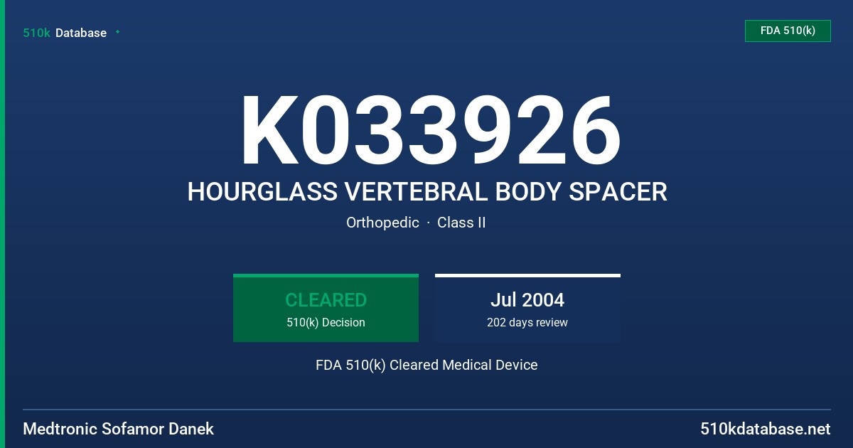 K033926 HOURGLASS VERTEBRAL BODY SPACER FDA 510(k) Cleared Medical Device