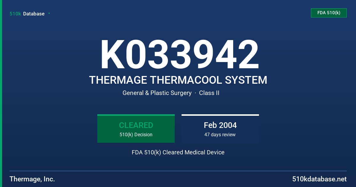K033942 THERMAGE THERMACOOL SYSTEM FDA 510(k) Cleared Medical Device