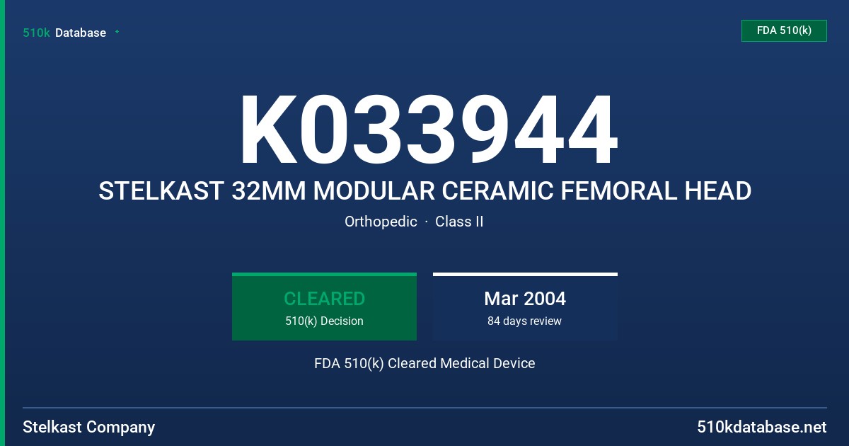 K033944 STELKAST 32MM MODULAR CERAMIC FEMORAL HEAD FDA 510(k) Cleared Medical Device