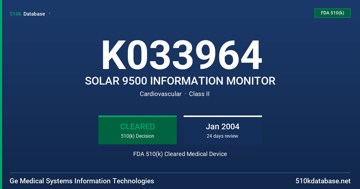 K033964 SOLAR 9500 INFORMATION MONITOR FDA 510(k) Cleared Medical Device
