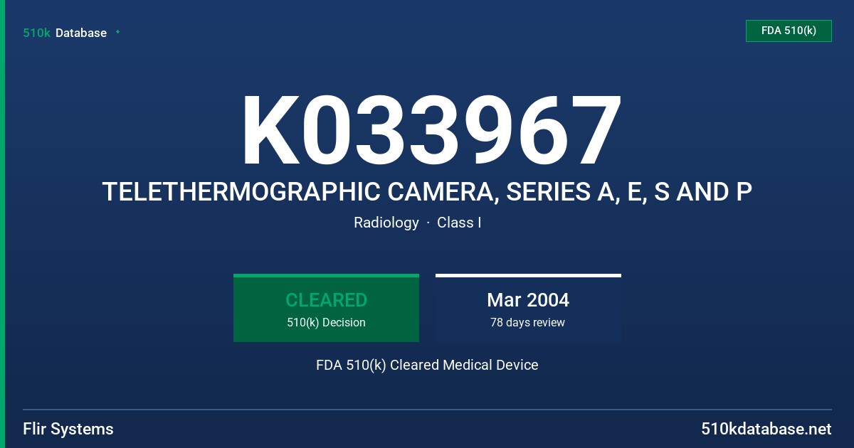 K033967 TELETHERMOGRAPHIC CAMERA, SERIES A, E, S AND P FDA 510(k) Cleared Medical Device