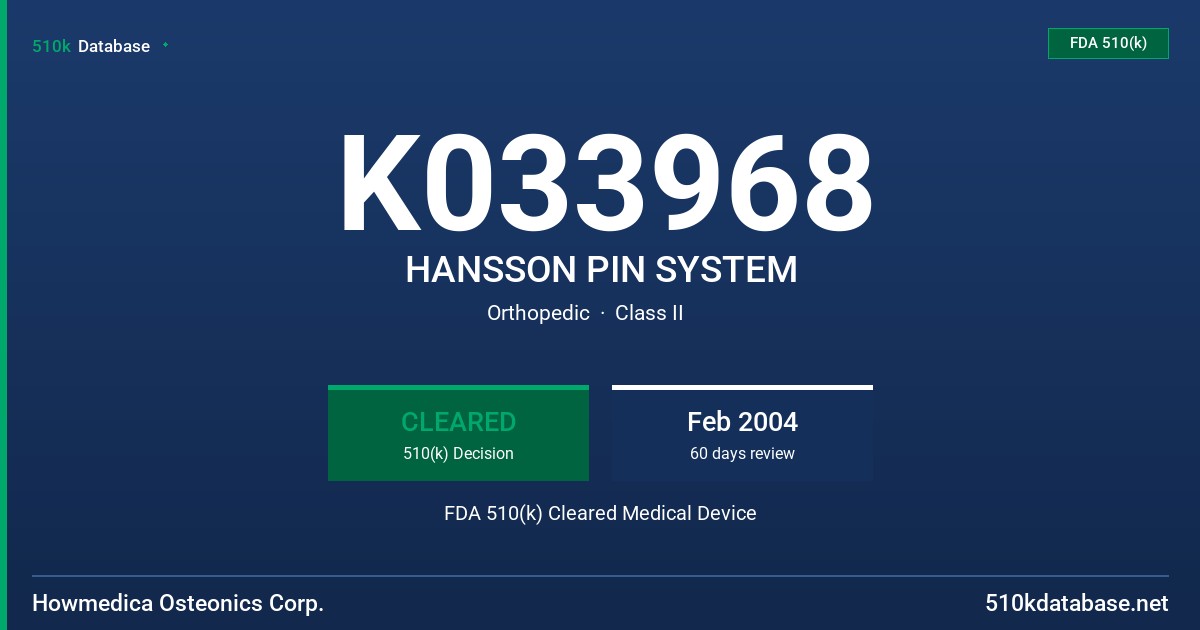 K033968 HANSSON PIN SYSTEM FDA 510(k) Cleared Medical Device