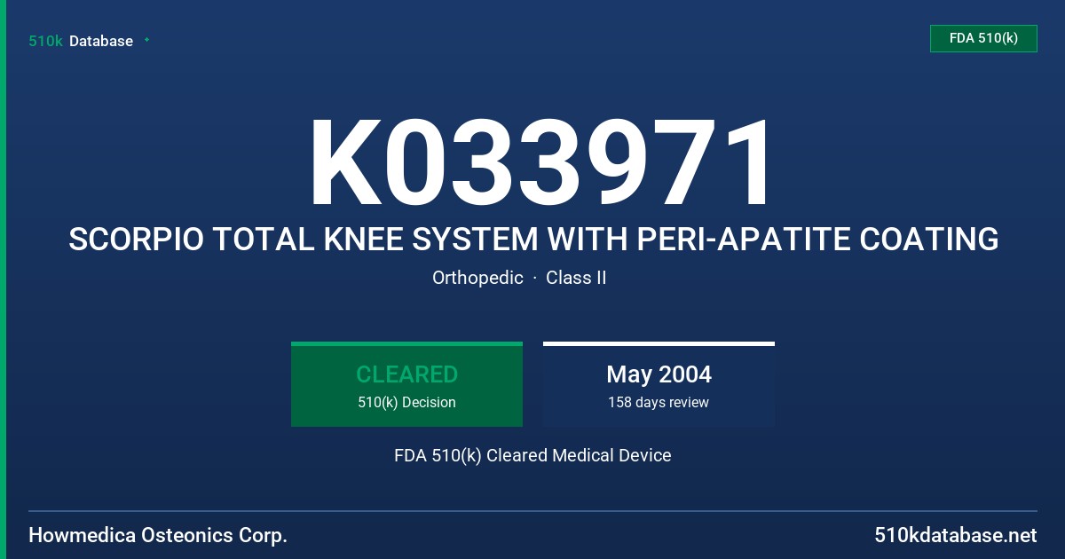 K033971 SCORPIO TOTAL KNEE SYSTEM WITH PERI-APATITE COATING FDA 510(k) Cleared Medical Device