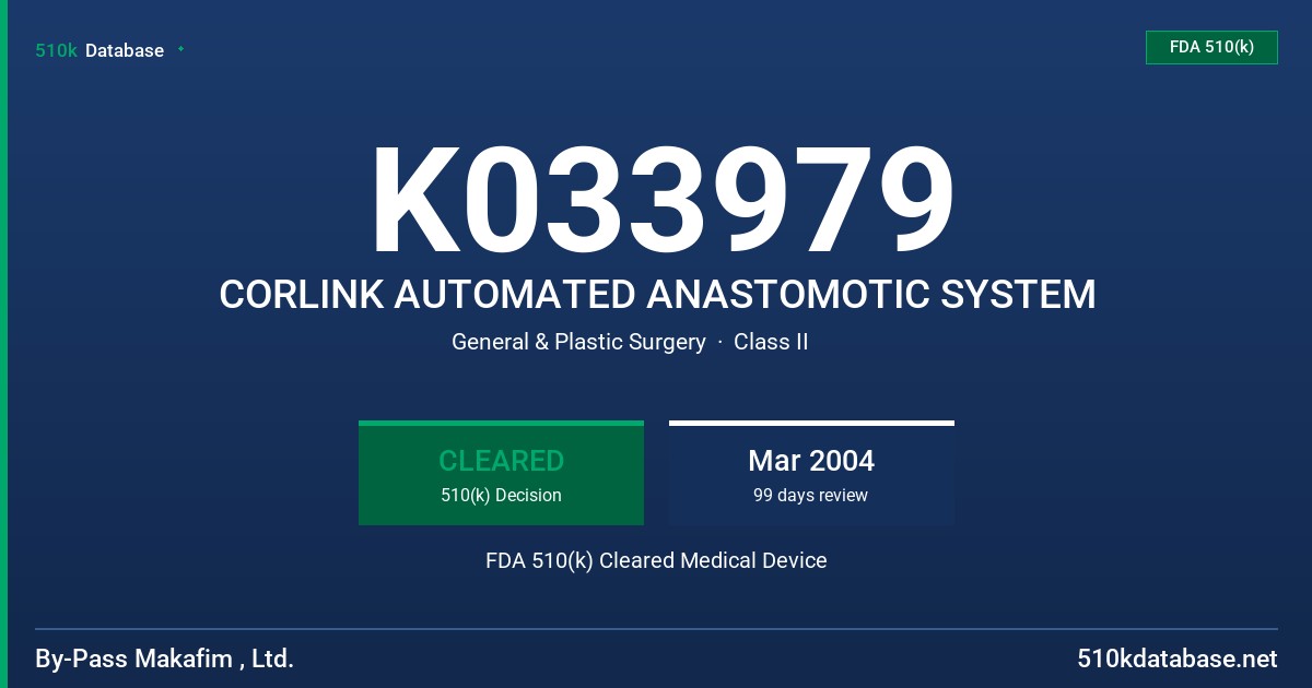 K033979 CORLINK AUTOMATED ANASTOMOTIC SYSTEM FDA 510(k) Cleared Medical Device
