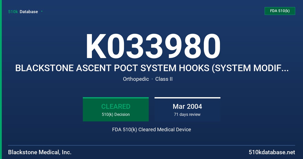 K033980 BLACKSTONE ASCENT POCT SYSTEM HOOKS (SYSTEM MODIFICATION) FDA 510(k) Cleared Medical Device