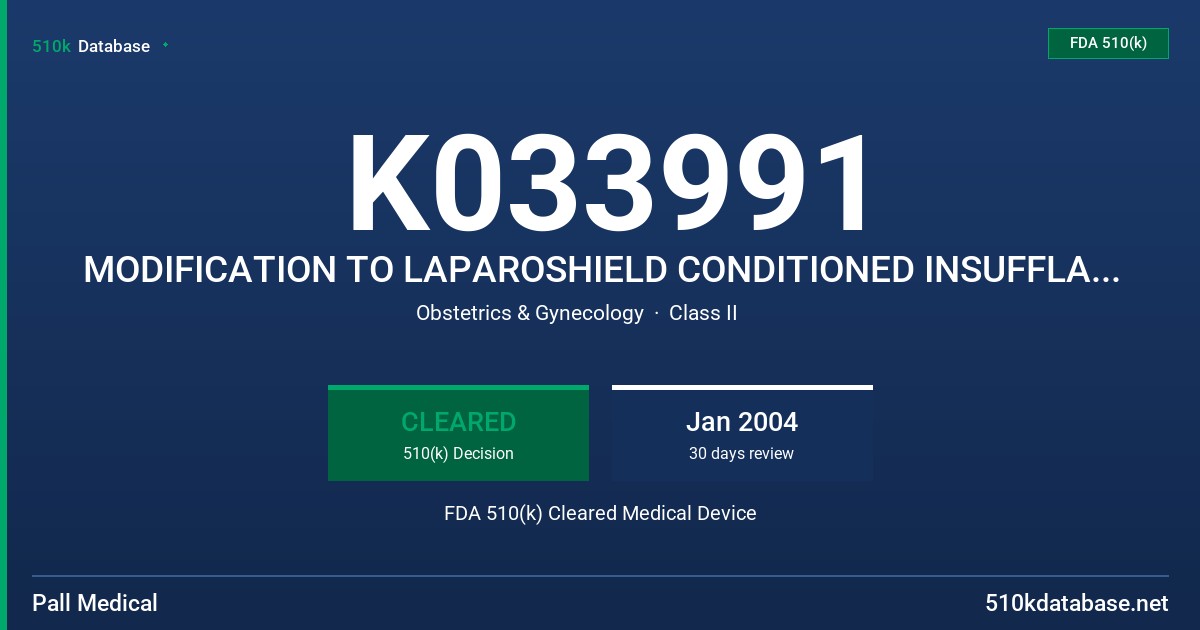 K033991 MODIFICATION TO LAPAROSHIELD CONDITIONED INSUFFLATION SET FDA 510(k) Cleared Medical Device