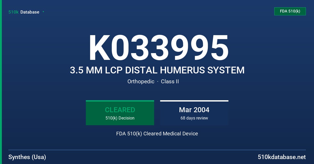 K033995 3.5 MM LCP DISTAL HUMERUS SYSTEM FDA 510(k) Cleared Medical Device