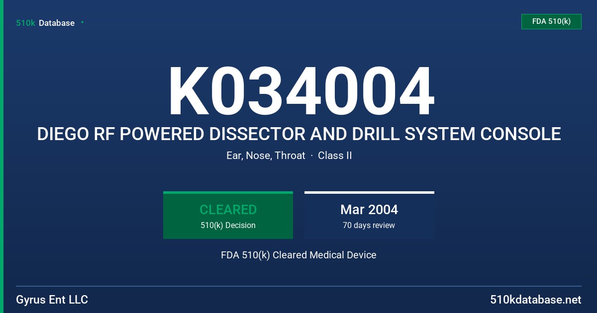 K034004 DIEGO RF POWERED DISSECTOR AND DRILL SYSTEM CONSOLE FDA 510(k) Cleared Medical Device
