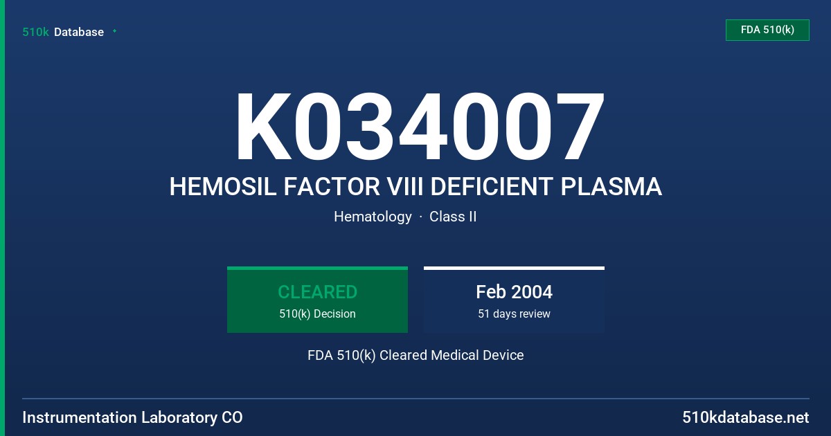 K034007 HEMOSIL FACTOR VIII DEFICIENT PLASMA FDA 510(k) Cleared Medical Device