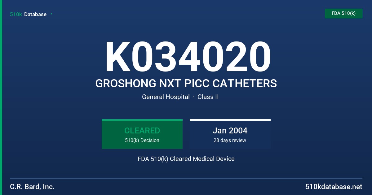K034020 GROSHONG NXT PICC CATHETERS FDA 510(k) Cleared Medical Device