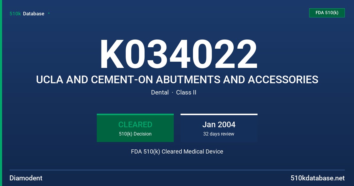 K034022 UCLA AND CEMENT-ON ABUTMENTS AND ACCESSORIES FDA 510(k) Cleared Medical Device
