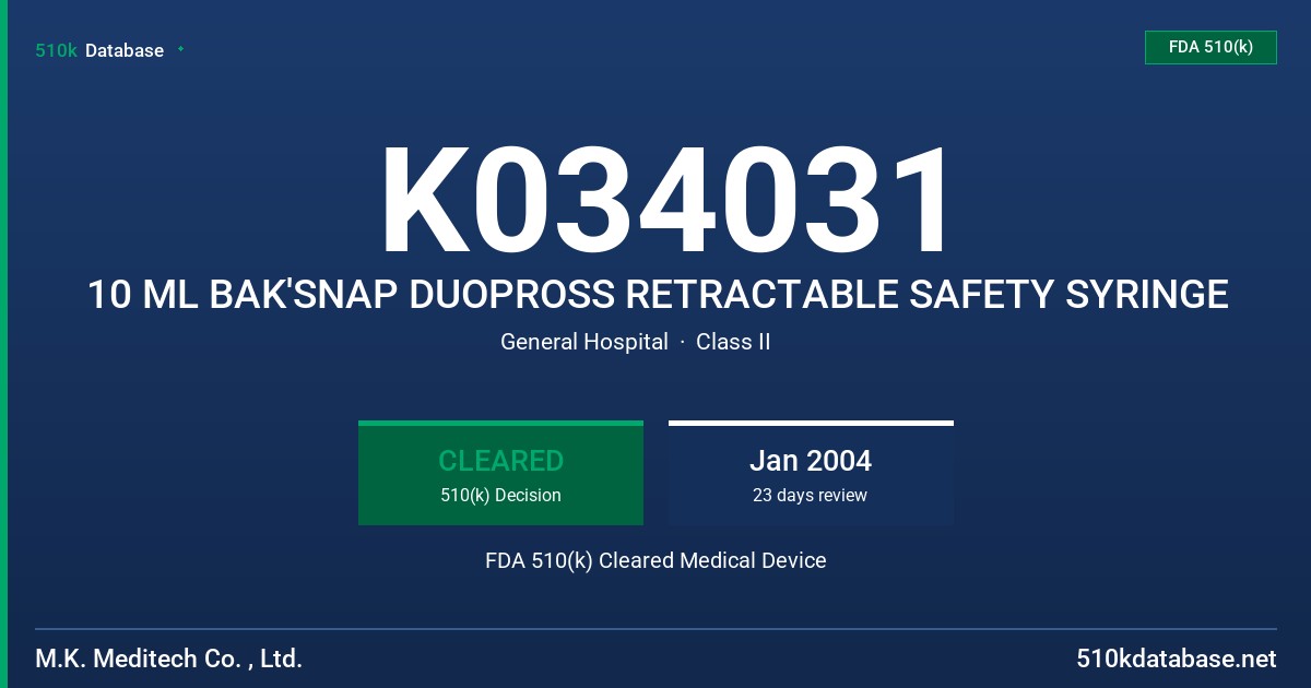 K034031 10 ML BAK'SNAP DUOPROSS RETRACTABLE SAFETY SYRINGE FDA 510(k) Cleared Medical Device