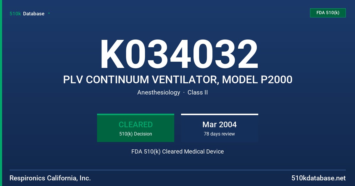 K034032 PLV CONTINUUM VENTILATOR, MODEL P2000 FDA 510(k) Cleared Medical Device