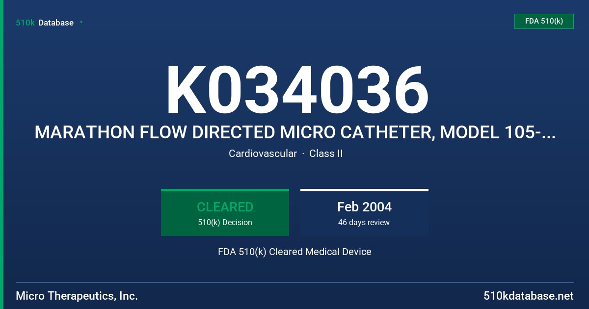 K034036 MARATHON FLOW DIRECTED MICRO CATHETER, MODEL 105-5055 FDA 510(k) Cleared Medical Device