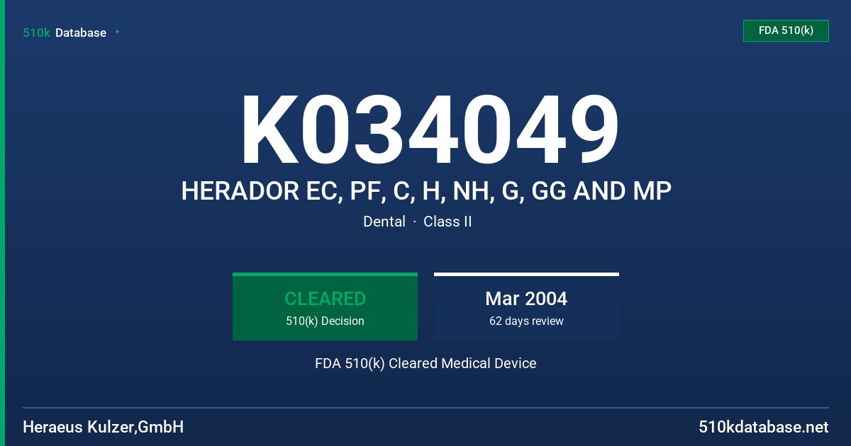 K034049 HERADOR EC, PF, C, H, NH, G, GG AND MP FDA 510(k) Cleared Medical Device