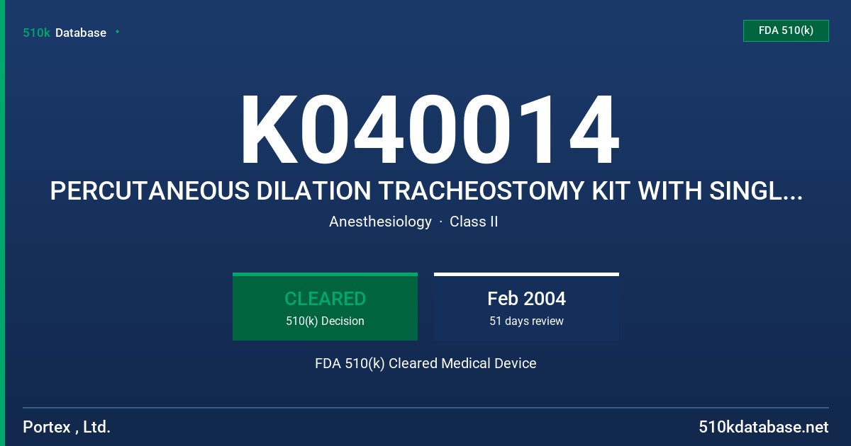 K040014 PERCUTANEOUS DILATION TRACHEOSTOMY KIT WITH SINGLE STAGE DILATOR AND SOFT INTRODUCERS FOR SIZES 7, 8 AND 9MM TUBES ONLY FDA 510(k) Cleared Medical Device