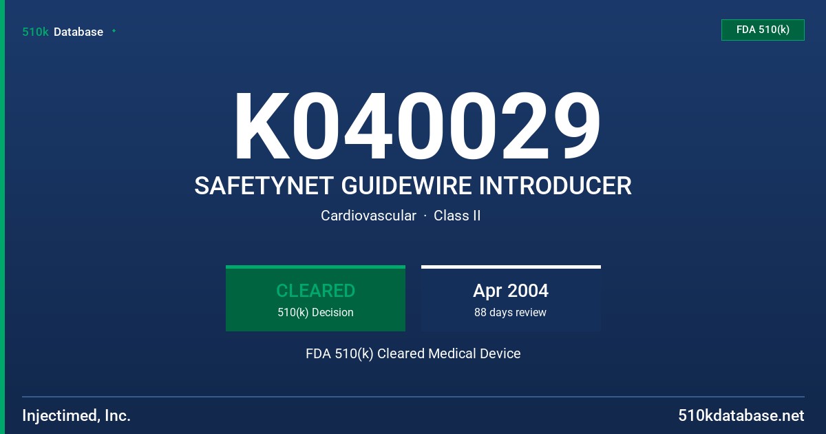K040029 SAFETYNET GUIDEWIRE INTRODUCER FDA 510(k) Cleared Medical Device