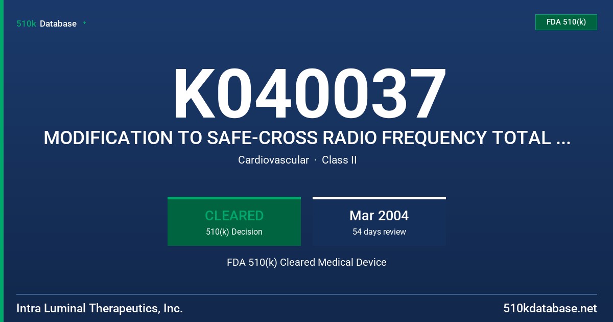 K040037 MODIFICATION TO SAFE-CROSS RADIO FREQUENCY TOTAL OCCLUSION CROSSING SYSTEM FDA 510(k) Cleared Medical Device