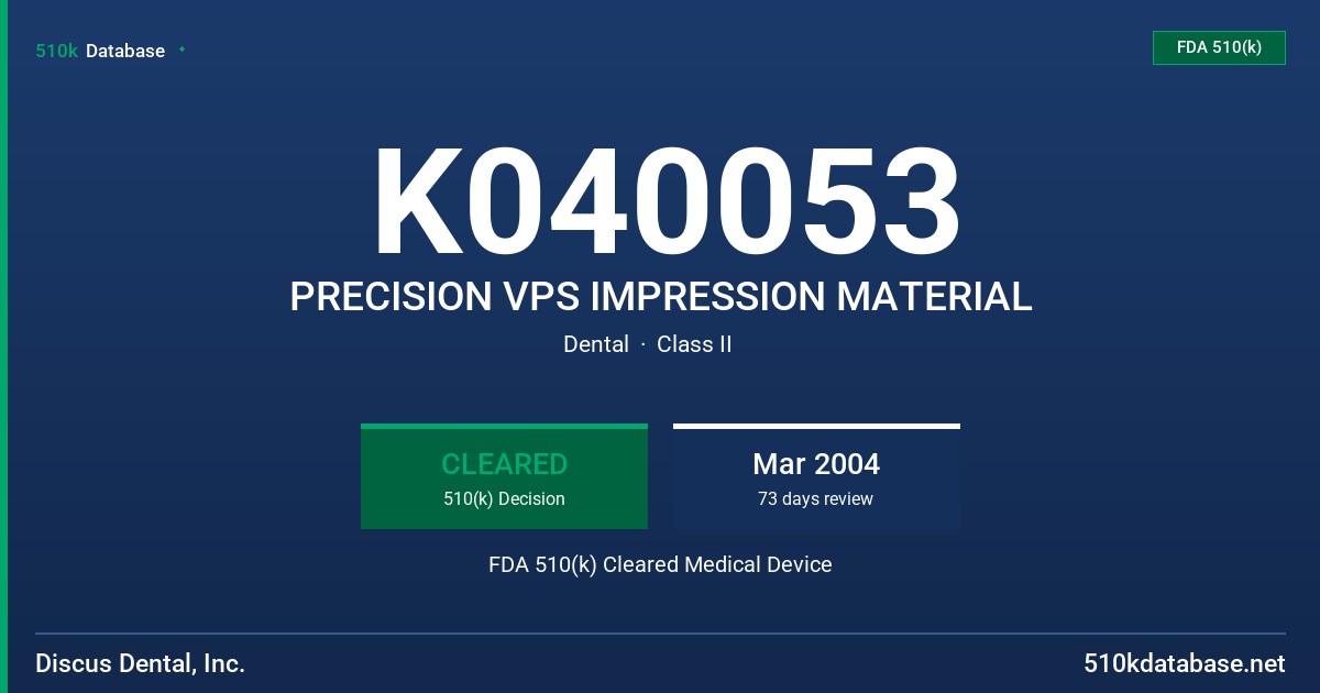 K040053 PRECISION VPS IMPRESSION MATERIAL FDA 510(k) Cleared Medical Device