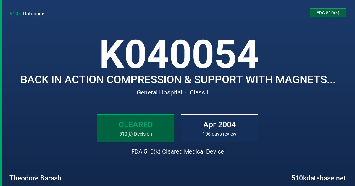 K040054 BACK IN ACTION COMPRESSION & SUPPORT WITH MAGNETS FOR THE LOWER BACK, KNEE AND ANKLE FDA 510(k) Cleared Medical Device