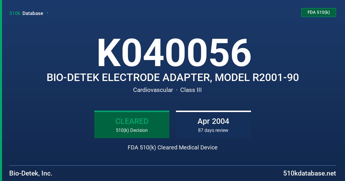 K040056 BIO-DETEK ELECTRODE ADAPTER, MODEL R2001-90 FDA 510(k) Cleared Medical Device