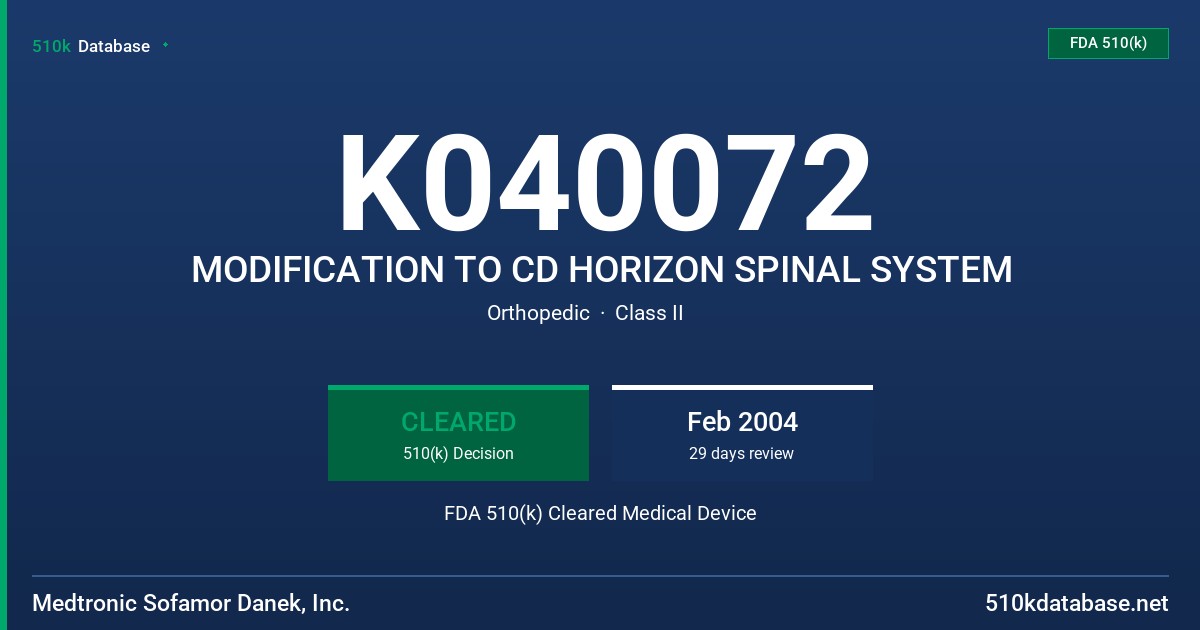 K040072 MODIFICATION TO CD HORIZON SPINAL SYSTEM FDA 510(k) Cleared Medical Device