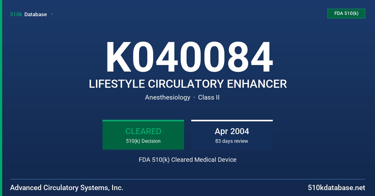 K040084 LIFESTYLE CIRCULATORY ENHANCER FDA 510(k) Cleared Medical Device