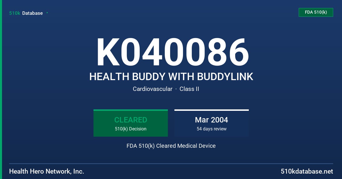K040086 HEALTH BUDDY WITH BUDDYLINK FDA 510(k) Cleared Medical Device