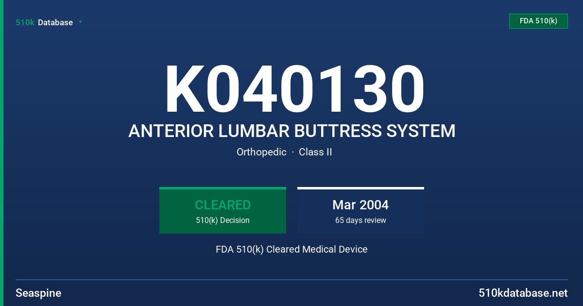 K040130 ANTERIOR LUMBAR BUTTRESS SYSTEM FDA 510(k) Cleared Medical Device