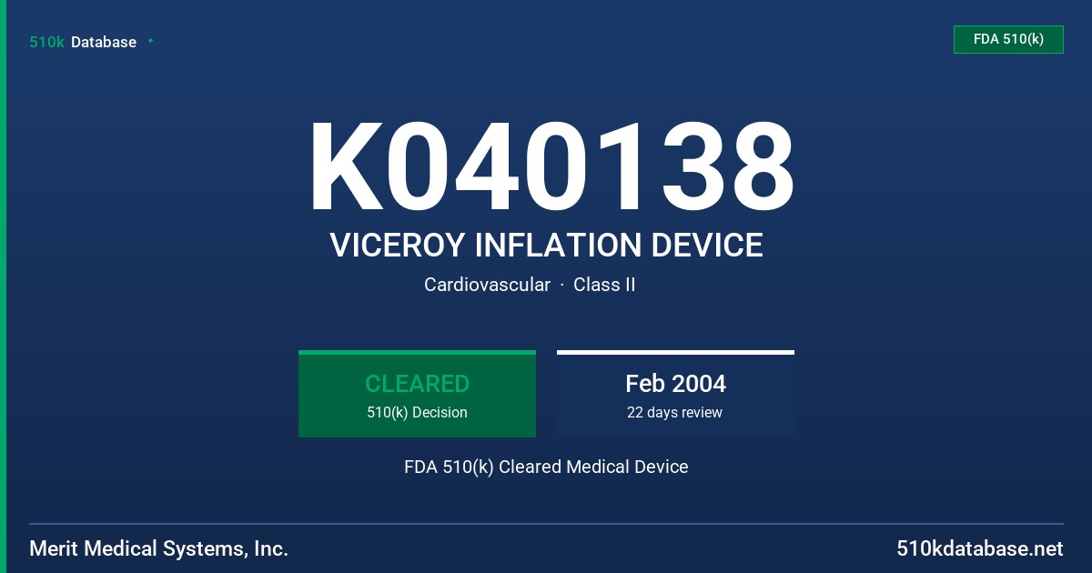 K040138 VICEROY INFLATION DEVICE FDA 510(k) Cleared Medical Device