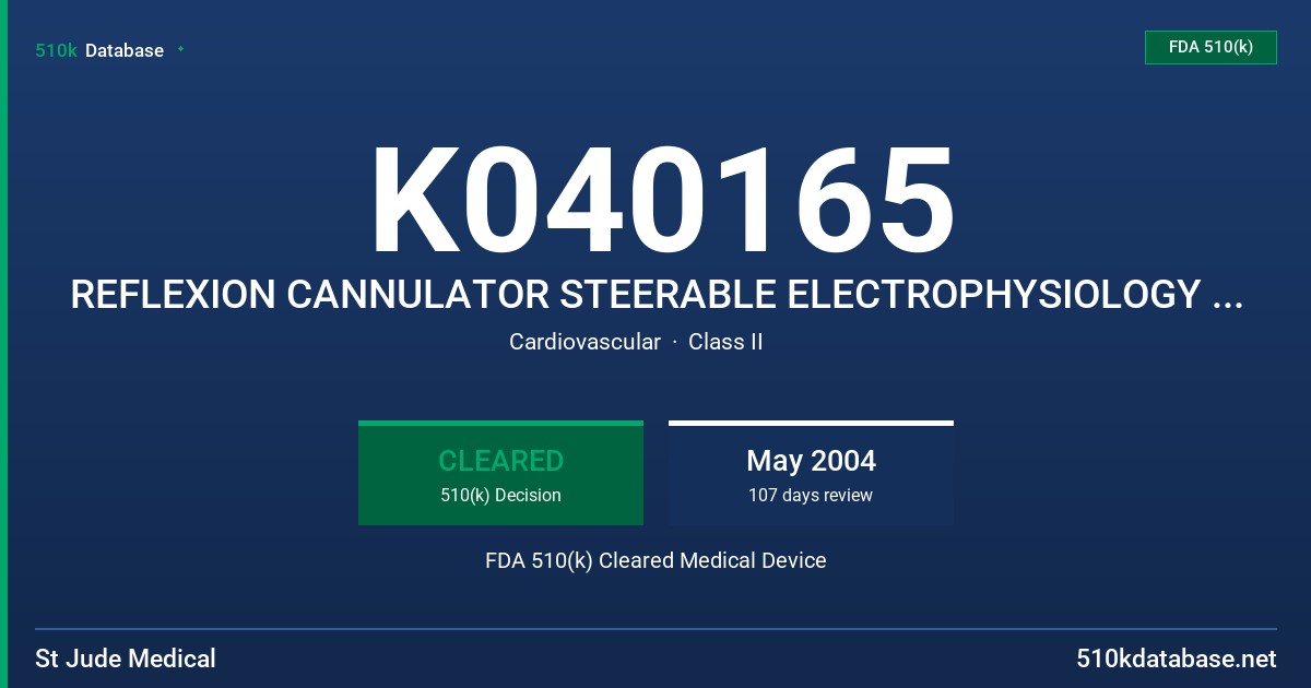 K040165 REFLEXION CANNULATOR STEERABLE ELECTROPHYSIOLOGY CATHETER WITH LUMEN, MODEL 402805 FDA 510(k) Cleared Medical Device