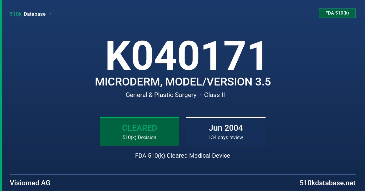 K040171 MICRODERM, MODEL/VERSION 3.5 FDA 510(k) Cleared Medical Device