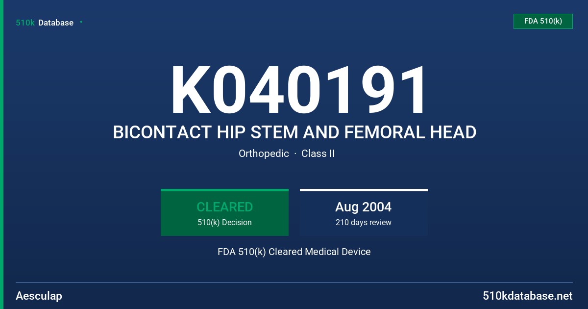 K040191 BICONTACT HIP STEM AND FEMORAL HEAD FDA 510(k) Cleared Medical Device