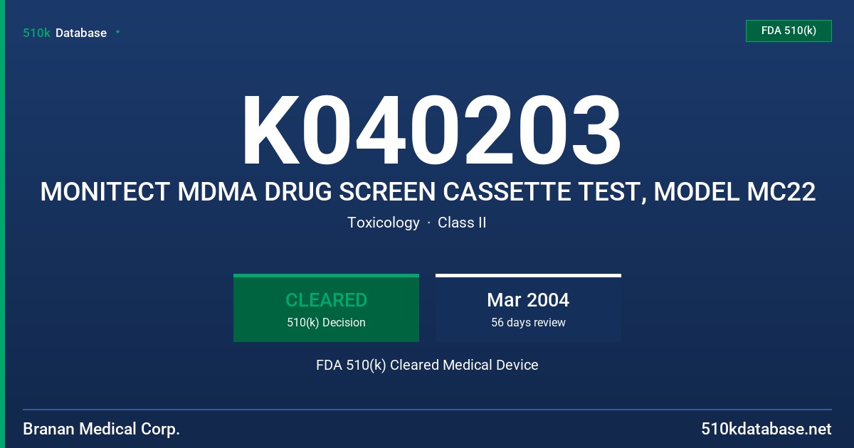 K040203 MONITECT MDMA DRUG SCREEN CASSETTE TEST, MODEL MC22 FDA 510(k) Cleared Medical Device