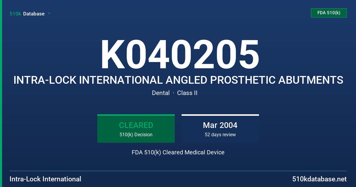 K040205 INTRA-LOCK INTERNATIONAL ANGLED PROSTHETIC ABUTMENTS FDA 510(k) Cleared Medical Device
