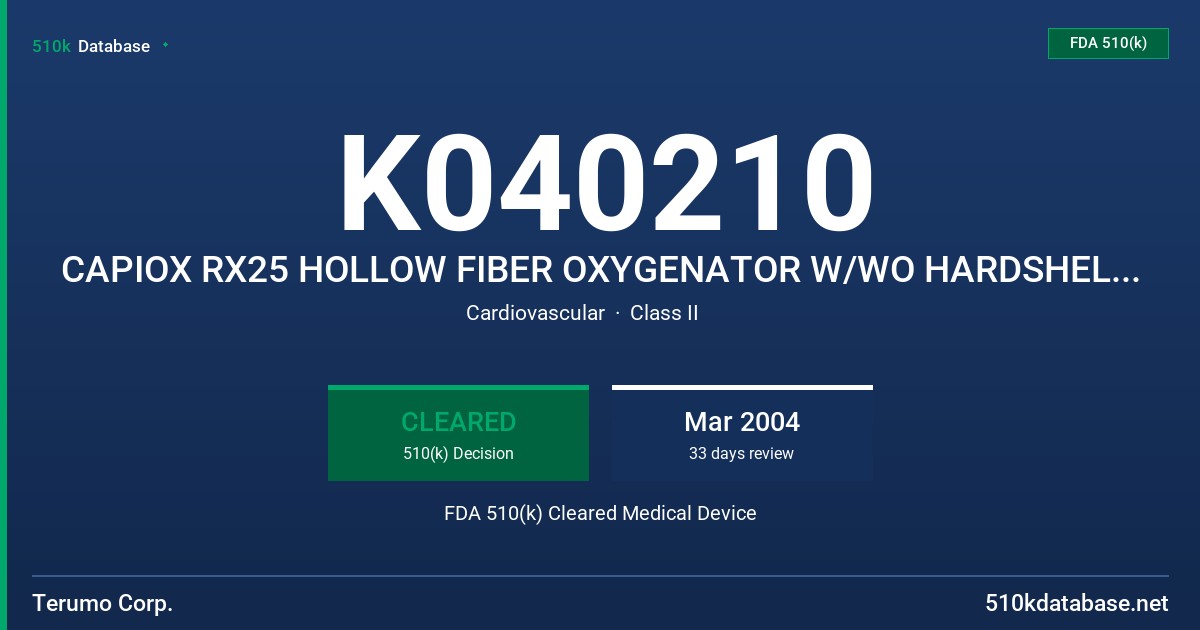 K040210 CAPIOX RX25 HOLLOW FIBER OXYGENATOR W/WO HARDSHELL RESERVOIR FDA 510(k) Cleared Medical Device