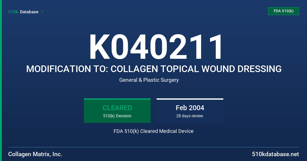 K040211 MODIFICATION TO: COLLAGEN TOPICAL WOUND DRESSING FDA 510(k) Cleared Medical Device