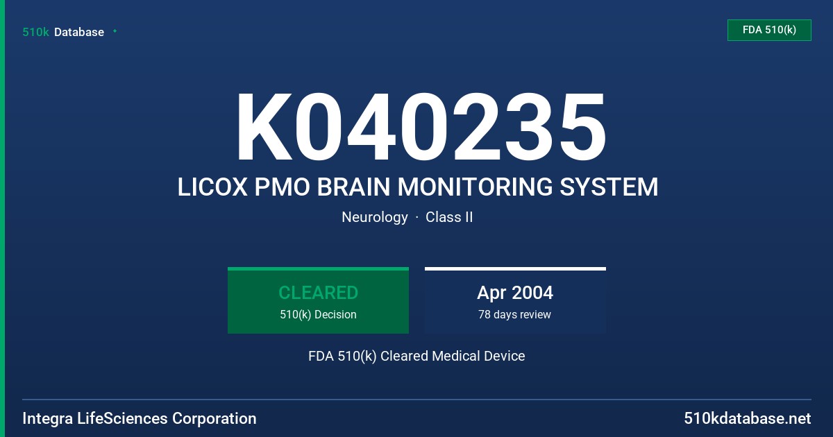 K040235 LICOX PMO BRAIN MONITORING SYSTEM FDA 510(k) Cleared Medical Device