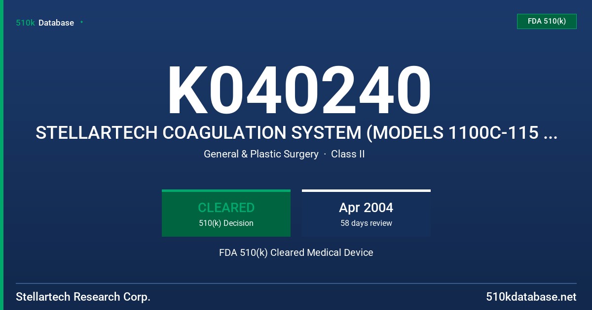 K040240 STELLARTECH COAGULATION SYSTEM (MODELS 1100C-115 & 1100C-230) FDA 510(k) Cleared Medical Device