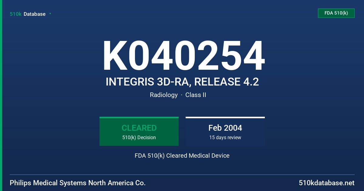 K040254 INTEGRIS 3D-RA, RELEASE 4.2 FDA 510(k) Cleared Medical Device