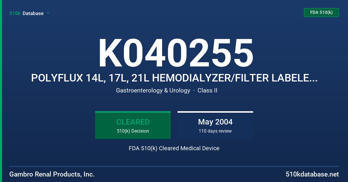 K040255 POLYFLUX 14L, 17L, 21L HEMODIALYZER/FILTER LABELED FOR SINGLE USE FDA 510(k) Cleared Medical Device