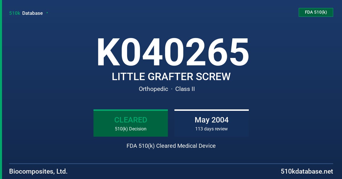 K040265 LITTLE GRAFTER SCREW FDA 510(k) Cleared Medical Device