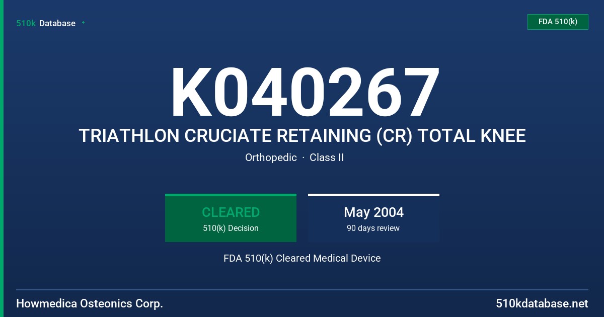 K040267 TRIATHLON CRUCIATE RETAINING (CR) TOTAL KNEE FDA 510(k) Cleared Medical Device
