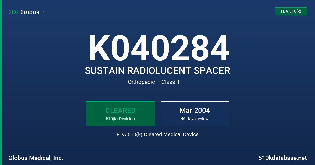 K040284 SUSTAIN RADIOLUCENT SPACER FDA 510(k) Cleared Medical Device