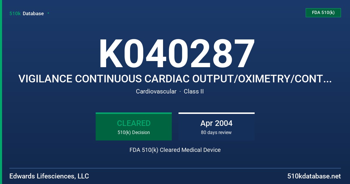 K040287 VIGILANCE CONTINUOUS CARDIAC OUTPUT/OXIMETRY/CONTINUOUS END DIASTOLIC VOLUME (CC0/SVO2/CEDV) MONITOR FDA 510(k) Cleared Medical Device