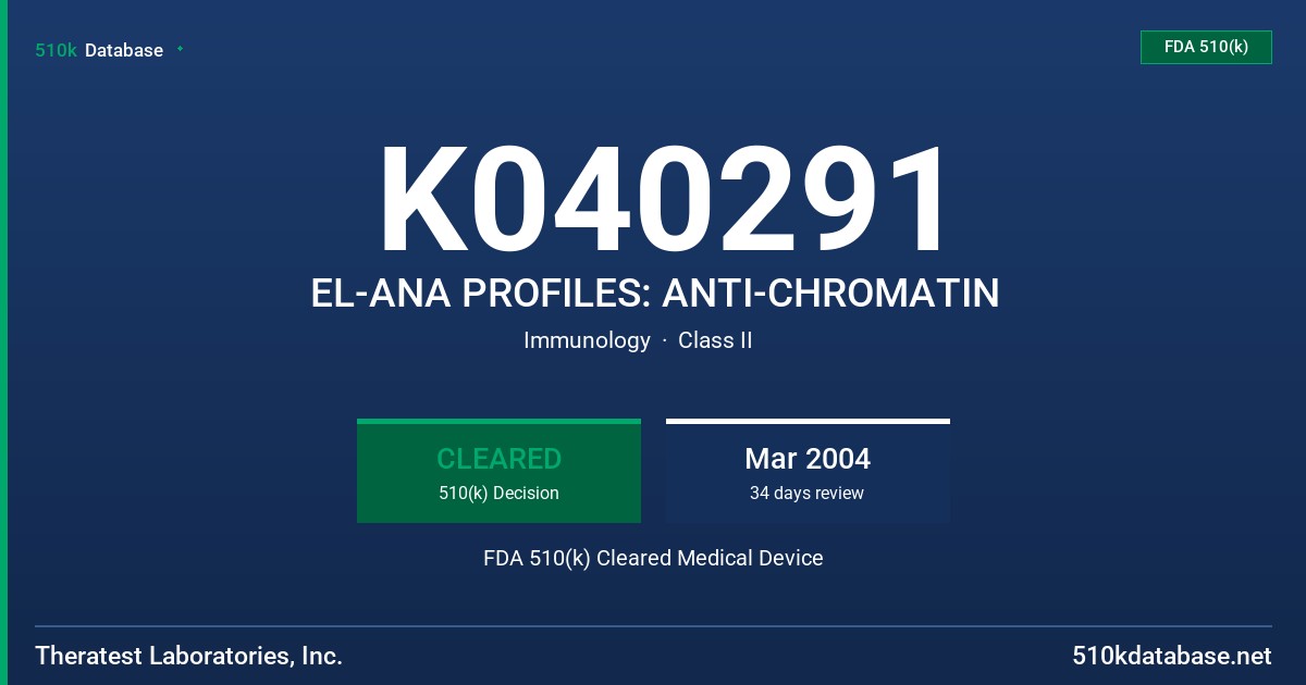 K040291 EL-ANA PROFILES: ANTI-CHROMATIN FDA 510(k) Cleared Medical Device