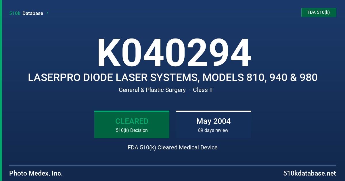 K040294 LASERPRO DIODE LASER SYSTEMS, MODELS 810, 940 & 980 FDA 510(k) Cleared Medical Device