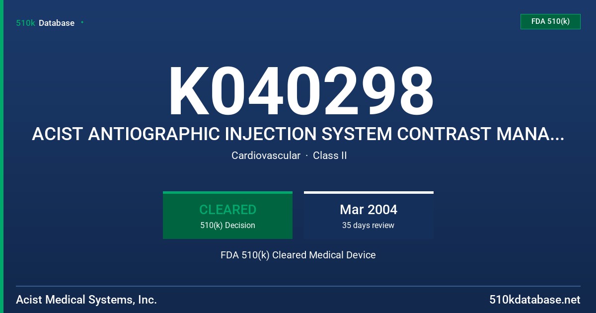 K040298 ACIST ANTIOGRAPHIC INJECTION SYSTEM CONTRAST MANAGEMENT DISPOSABLE KITS FDA 510(k) Cleared Medical Device